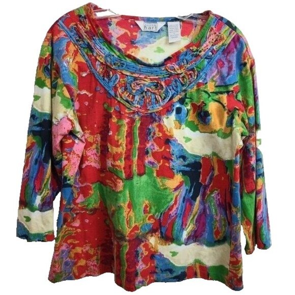 Keren Hart Womens Wearable Art Top Large Colorful Abstract Rhinestone 3/4 Sleeve - Picture 1 of 8